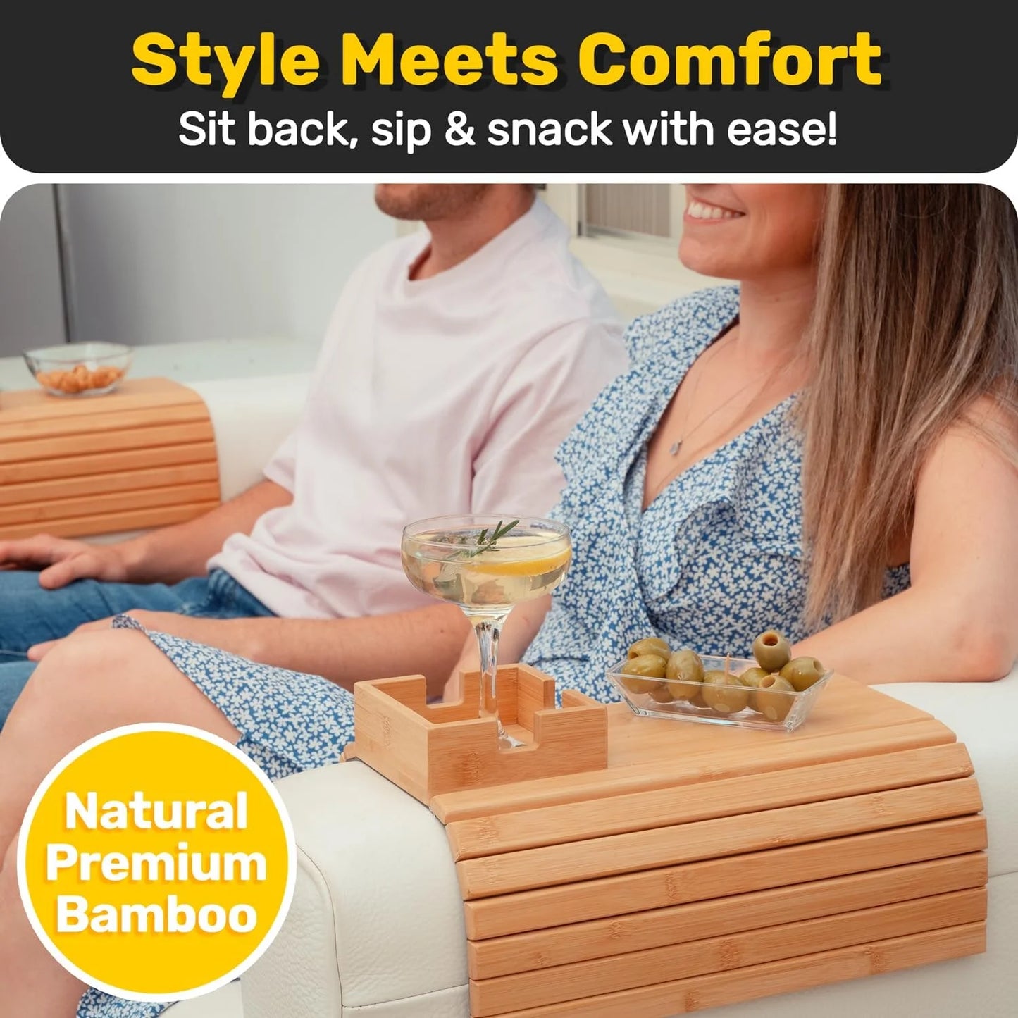 Bamboo Sofa Armrest Tray with 360° Rotating Cup Holder